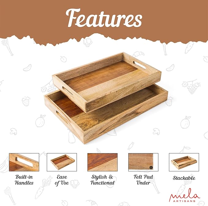 Mela Artisans Wooden Serving Tray Set of 2 with Handles | Mango Wood Ottoman Trays 15x10x1.75 & 13x9x1.75 | Decorative | Snack | Dessert | Bread | Coffee Table | Bedroom | Rectangular Edge Design