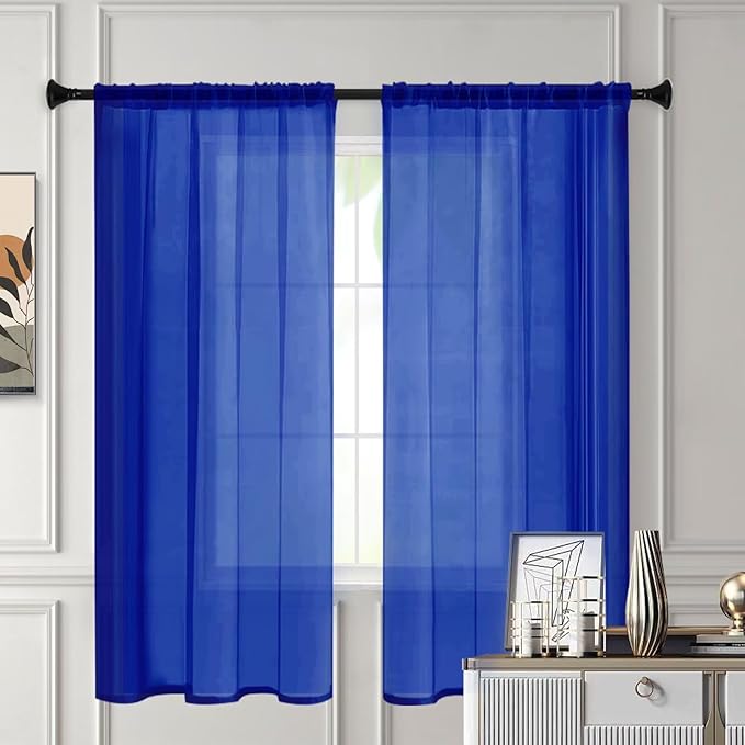 Sheer Curtains 54 Inches Long 2 Panels, Rod Pocket Short Curtain for Kitchen, Bedroom, Cafe Window(Blue Sapphire 38" W x 54" L)