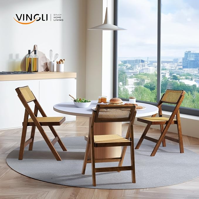VINGLI 4 Pack Rattan Dining Chair, Wood Folding Chair with 360° Swivel Backrest, Rubberwood Frame and Rattan Woven Seat and Back, Walnut, Set of 4