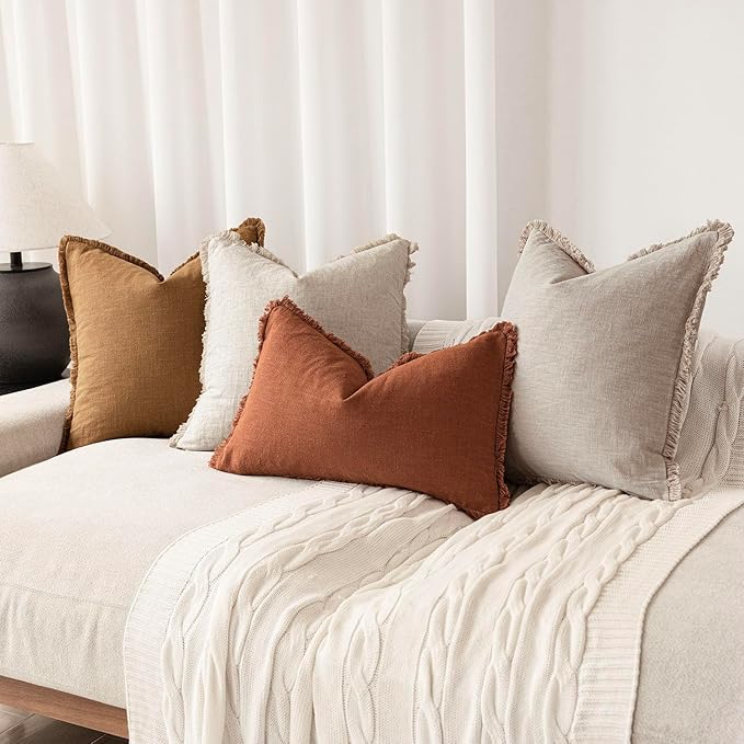 Foindtower Set of 2 Decorative Linen Fringe Throw Pillow Covers Boho Farmhouse Cushion Cover with Tassels Soft Accent Pillowcase for Couch Sofa Bed Living Room Home Decor,20×20 Inch,Orange Brown