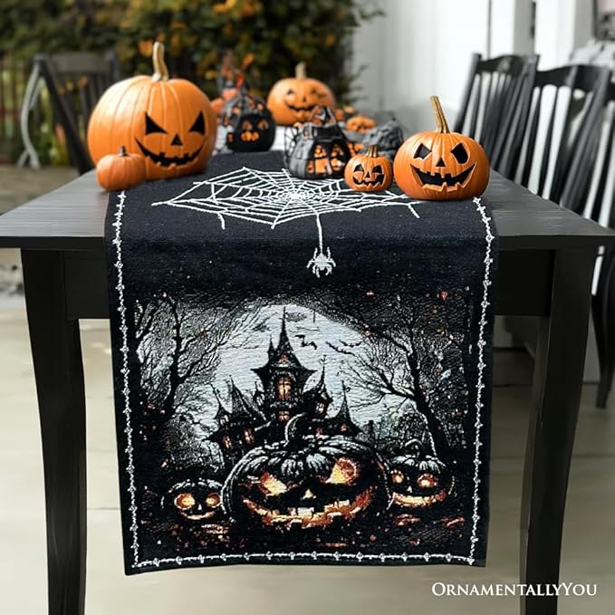 Timeless Table Runner with Elegant Designs for Every Occasion (Haunted Horrors 72" Table Runner, Jacquard Halloween Home Black Tablecloth Decoration with Pumpkins and Spiderwebs)