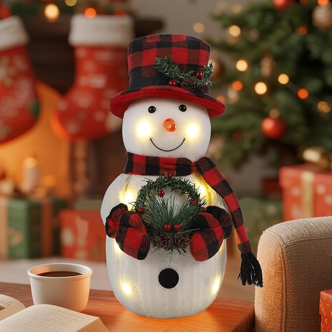 Christmas Lighted Snowman, 12" Snowman with Wreath Christmas Table Decorations, Red Black Plaid Snowman Xmas Decor for Home Kitchen Holiday Party