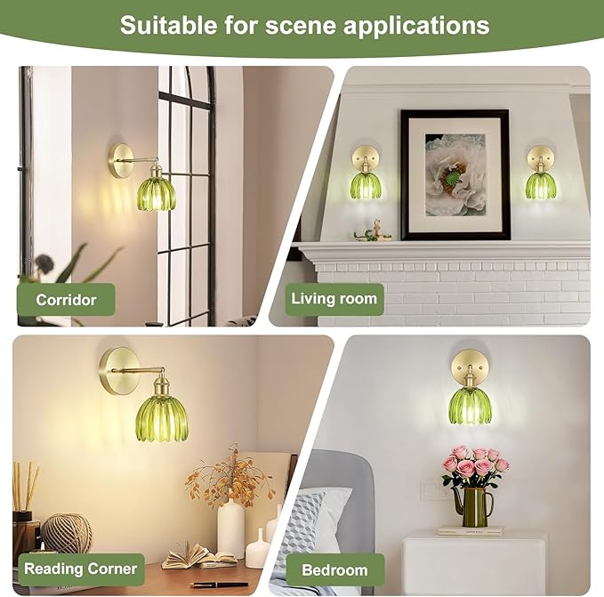 Vintage Wall Sconces Set of Two,Hardwired Wall Lights with Green Tulip Glass Lampshade,Gold Wall Lamps for Bedroom Bedside Stairway Bathroom Living Room(Bulbs Not Included)