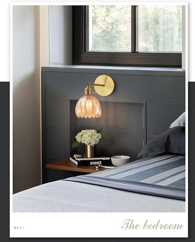 Plug in and Hardwired Wall Sconces, Luxury Vintage Tulip Crystal Glass Shade Wall Light with Switch for Bedside Bedroom Living Room (Tulip-Amber, 2)