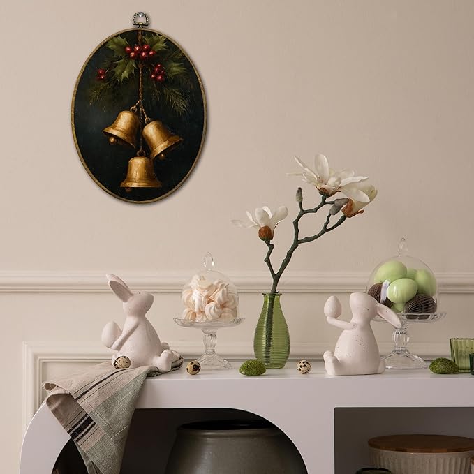 QZQE Vintage Christmas Bells Oval Wall Art Decor Framed, Dark Moody Christmas Oval Canvas Prints, Winter Holiday Xmas Bell Wall Hanging Decor for Home Bedroom Living Room, 8.6x11.4 Inch