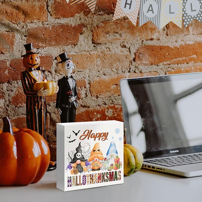 Halloween Thanksgiving Christmas Decor Happy Hallothanksmas Gnomes Wooden Box Sign for Home Bedroom Shelf Desk