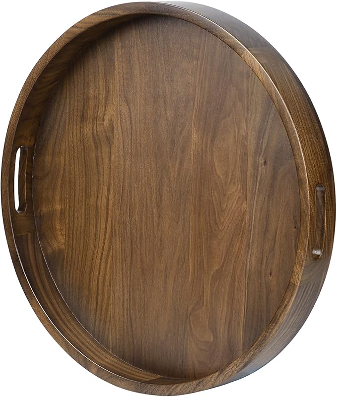 20 x 20 inches Large Round Ottoman Table Tray Wooden Solid Black Walnut Circle Platter Decorative Serving Tray with Handle for Oversized Ottoman Home Breakfast in Bed Tea Coffee