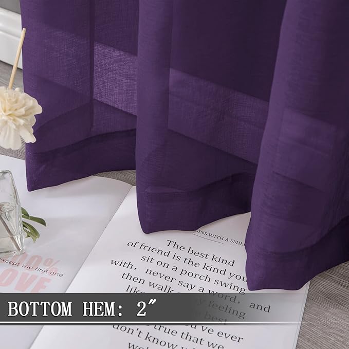 Tollpiz Sheer Tier Curtain Linen Textured Half Kitchen Curtains Sheer Light Filtering Rod Pocket Voile Small Curtains for Bathroom, 25 x 36 inches Long, Royal Purple, Set of 2 Panels