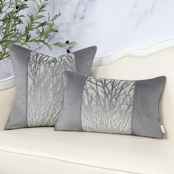 Yangest Grey Throw Pillow Cover Velvet Cushion Cover Branches Rectangular Pillowcase for Sofa Couch Bedroom Living Room, 12x20 Inch