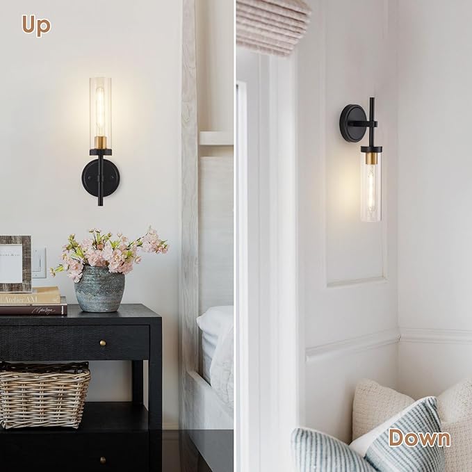 Black and Gold Hardwired Wall Sconces Set of 2, Modern Bathroom Vanity Sconces Wall Lighting with Clear Glass Shade, Farmhouse Wall Mount Lights for Mirror Bedroom Living Room Hallway Kitchen