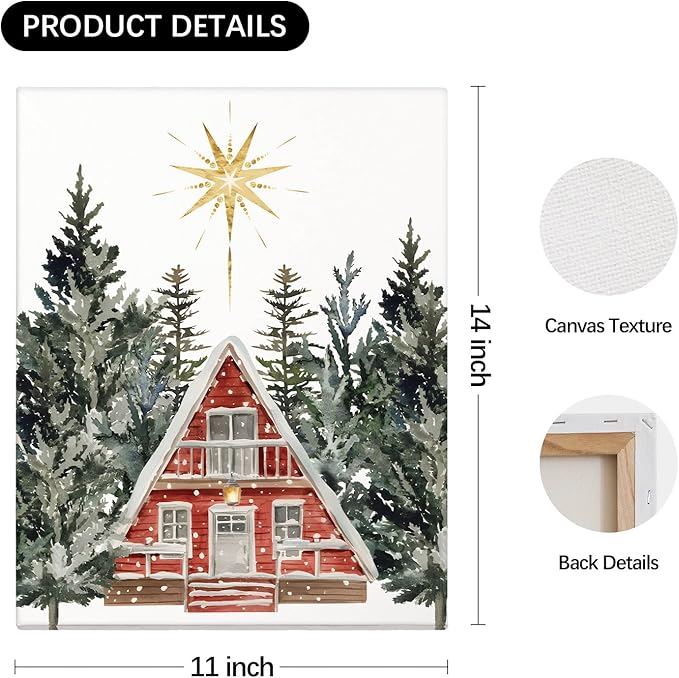 DSHFG Vintage Christmas Wall Gifts for Women Housewarming, Rustic Wall Art Canvas Framed Set of 3, Farmhouse Christmas House Trees Car Wall Decor for Home Living Room Bedroom, 14x11 Inch