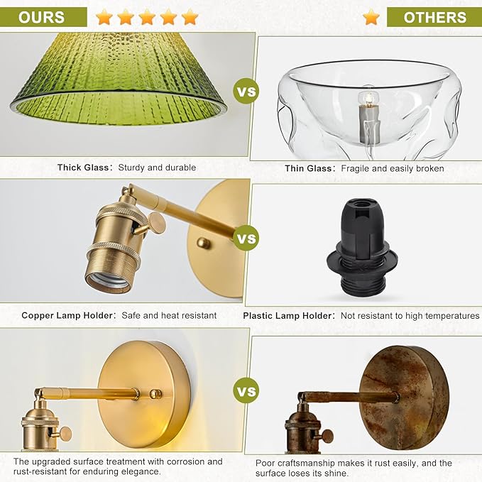 Hardwired Wall Sconce Light, Vintage Wall Sconce with Switch, Gold Wall Light Fixture with Gradient Green Glass Lampshade, Indoor Wall Light for Bedroom Bathroom, Bedside Wall Lamp