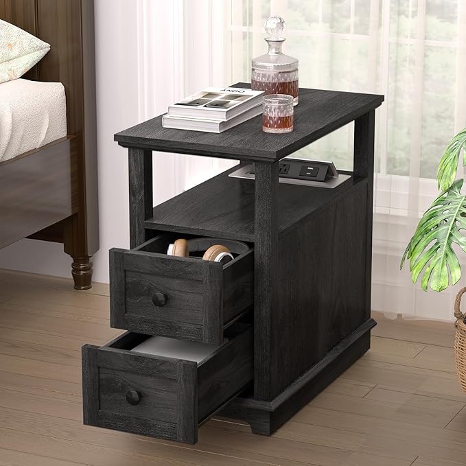 HIFYOBRO Narrow End Table with Flip Top Charging Station Set of 2, Side Table with 2 Drawers, Type-C & USB Port & Power outlets, Wooden Storage Cabinet for Living Room and Bedroom