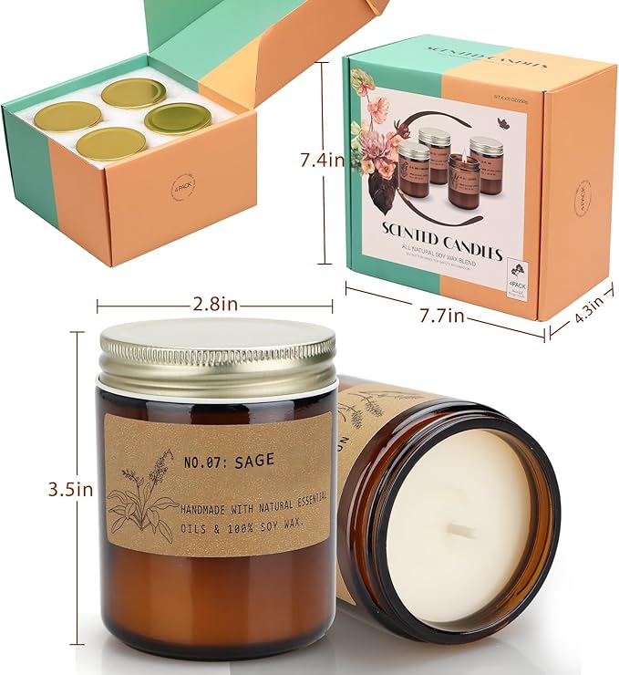Aromatherapy Candles for Home Scented, Candle Gift Set for Stress Relief | Meditation | Yoga | SPA | Relaxing, Amber Jar Candles for Women, Birthday, Valentine, Mother's Day, 7.1 oz - Pack of 4