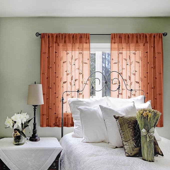HOMEIDEAS Fall Burnt Orange Sheer Curtains 52 x 54 Inch Length 2 Panels Embroidered Leaf Pattern Short Curtains for Bedroom Half Small Window Rod Pocket Kitchen