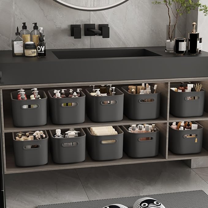12 Pack Grey Plastic Storage Bins, Pantry Organizer Bins, Grey Plastic Containers for Organizing, Storage Box for Kitchen, Cabinet, Closet, Office, Classroom, Under Sink