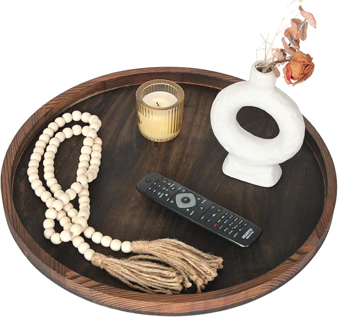 20" Rustic Wooden Serving Tray - Extra Large Round Ottoman Table Tray for Farmhouse Decorative Oversized Coffee Table Trays Living Room Kitchen Counter Breakfast Brown