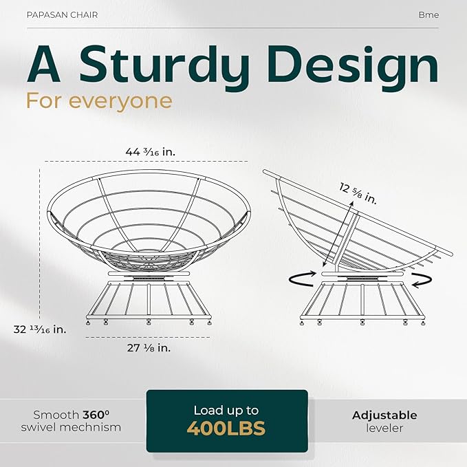 Bme 46" Large Size Ergonomic Wicker Papasan Chair with Soft Thick Density Fabric Cushion, Bee-Designed Base, High Capacity Steel Frame, 360 Degree Swivel for Living, Bedroom,...
