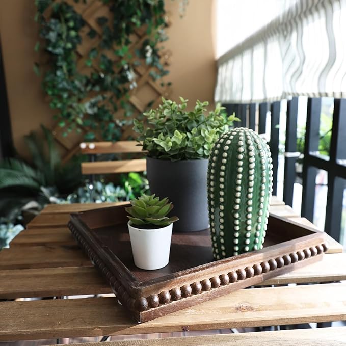 Square Wood Decorative Tray, Rustic Coffee Table Serving Tray for Ottoman, Farmhouse Kitchen Counter Organizer, Bedroom, Home Decor(Retro Brown)