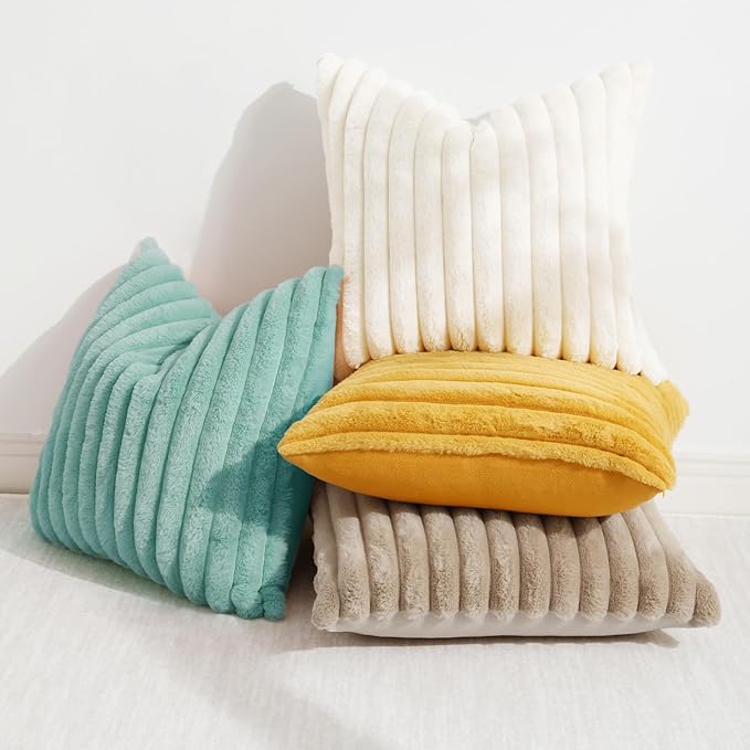 decorUhome Faux Fur Throw Pillow Covers 16x16 Set of 2, Decorative Soft Plush Striped Neutral Couch Euro Pillow Covers with Velvet Back for Sofa, Bed, Living Room Home Decor, Aqua