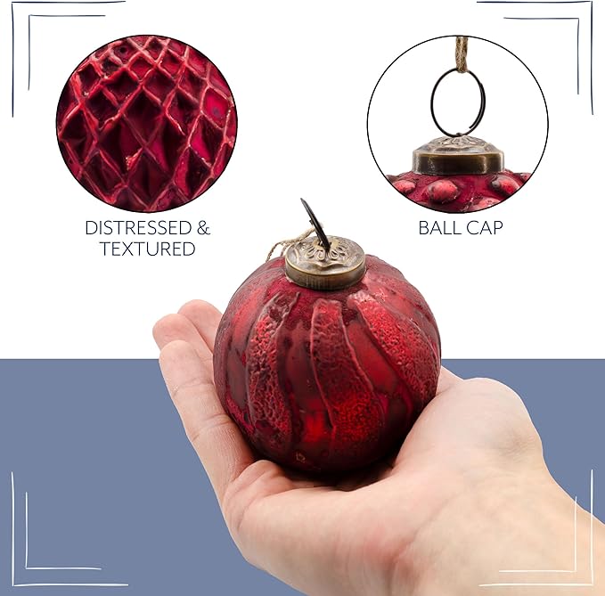AuldHome Design Farmhouse Ball Ornaments (Set of 6, Red); Distressed Metal Glass Ball Vintage Style Christmas Decorations