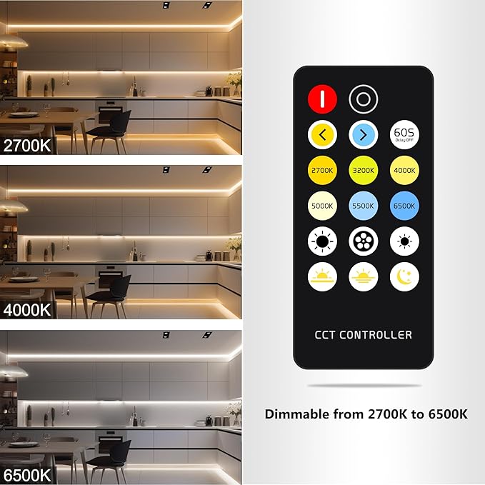 CCT COB LED Strip Lights, 32.8ft Dimmable 2700K-6500K 24V Tunable White LED Light Strip Kit, High Density CRI 90+ LED Strips with Remote Controller and Power Supply, for Bedroom Kitchen Home Lighting
