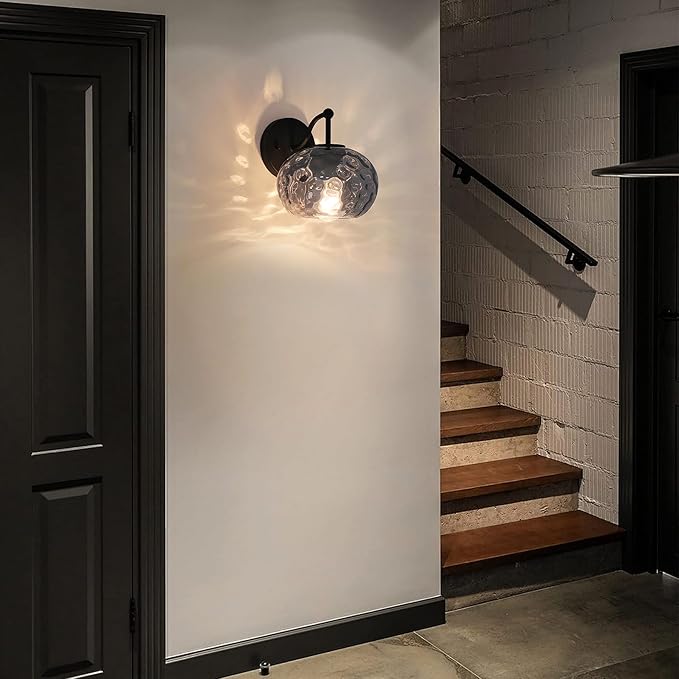 Matte Black Wall Sconce Light Smoked Hammered Glass Vanity Lighting Modern Grey Shade Wall Lamp for Bathroom Over Mirror