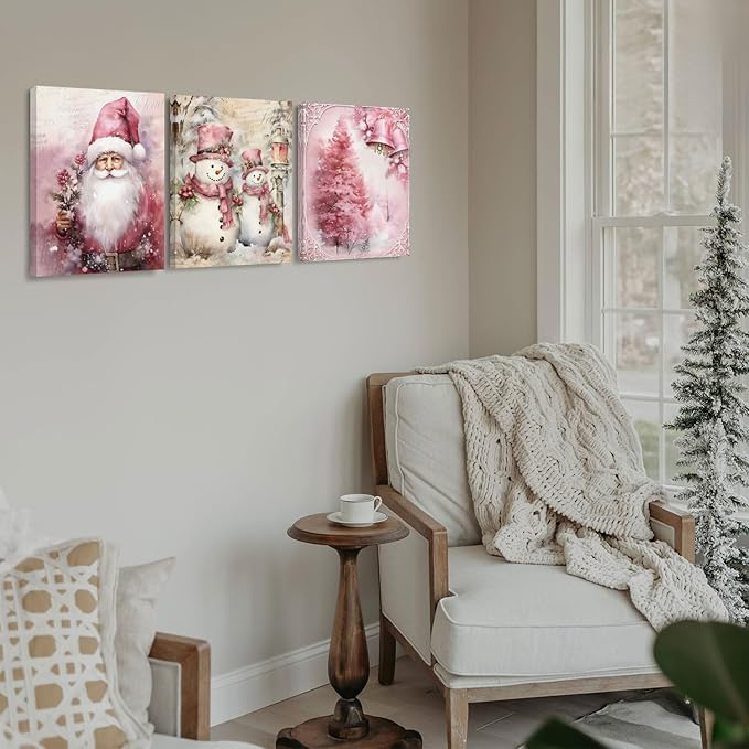 DSHFG Vintage Pink Christmas Canvas Wall Art Set of 3, Christmas Pink Housewarming Gifts for Women, Christmas Wall Decor for Home Kitchen Bedroom Living Room, 11x14 Framed