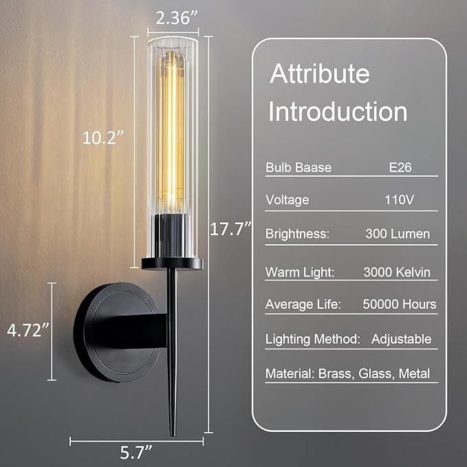 Wall Sconces Set of Two, 17.7'' Black Bathroom Wall Sconce Light with Glass Tube, 2-Light Sconces Wall Lighting Over Mirror Vanity Wall Lights for Living Room, Hallway, Bedroom, Staircase