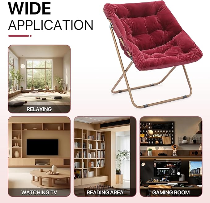 Athena Collection Saucer Chair for Adult, Square Comfy Cozy Chair Folding Chair Faux Fur Metal Frame Foldable Reading Chair Accent Chair for Bed Room Living Room, Brown