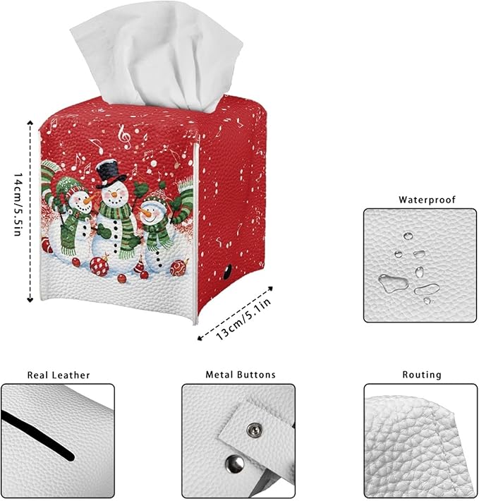 Christmas PU Leather Tissue Box Cover Aesthetic Desk Decor for Home Office Car, Snowman Print Tissues Cube Boxes Holder Bedroom/Bathroom/Kitchen Facial Napkin Holder Storage