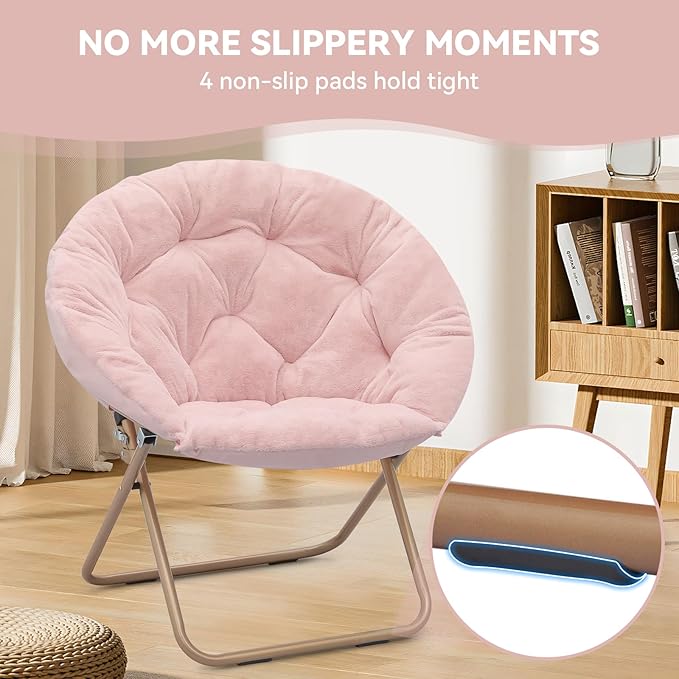 Magshion Saucer Chair for Adults, Comfy Living Room Lounge Chair for Bedroom Corner, Dorm, Apartment, Faux Fur Fluffy Circle Accent Seat with Thick Padded & Folding Metal Frame (Pink)