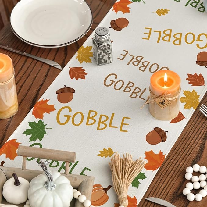 Artoid Mode Gobble Turkey Maple Leaves Thanksgiving Table Runner, Fall Autumn Harvest Kitchen Dining Table Decoration for Home Party Decor 13x120 Inch