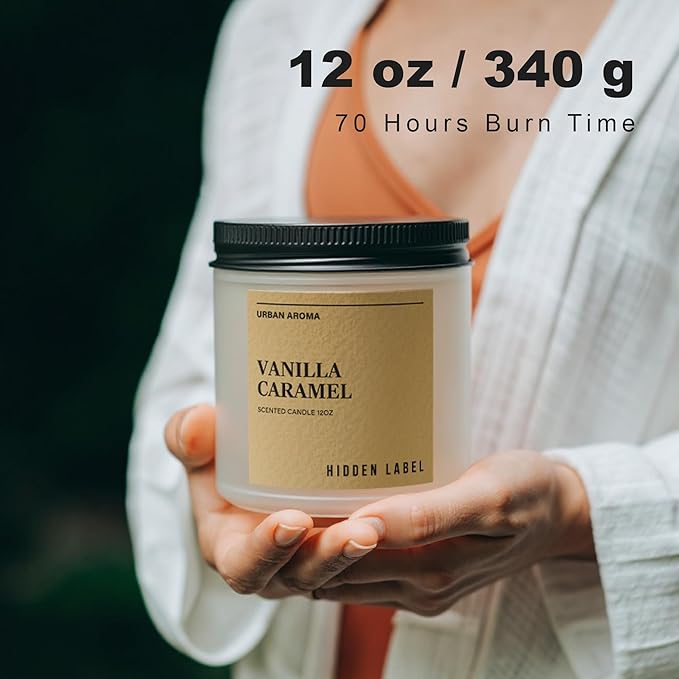Hidden Label Vanilla Caramel Fall Candles, 12oz 2 Wick Non Toxic Candles for Home Scented, Natural Soy Wax Clean Burning Aromatherapy Candle, 70H Long Lasting for Gifts Stress Relief & Relaxation