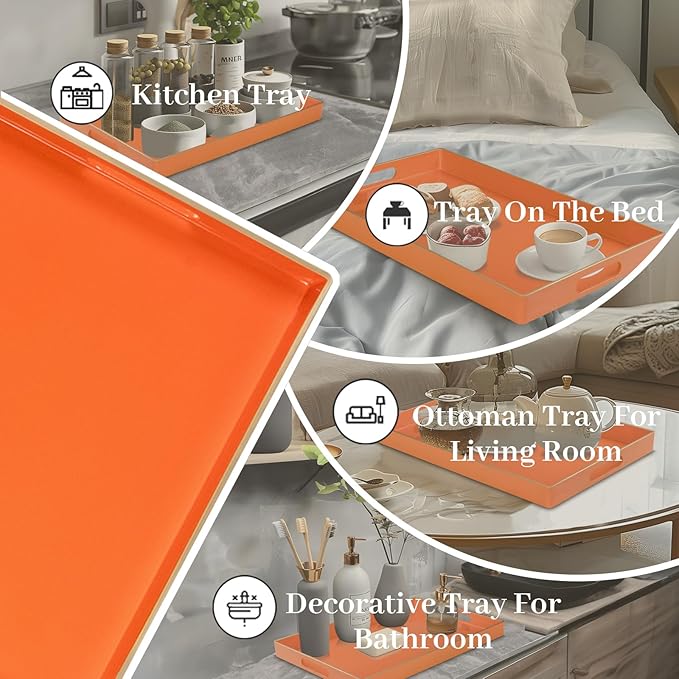 MAONAME Orange Serving Tray with Handles, Modern Decorative Trays for Coffee Table, Plastic Rectangular Trays for Ottoman, Bathroom, Halloween Decor, 15.8” x 10.2” x1.4