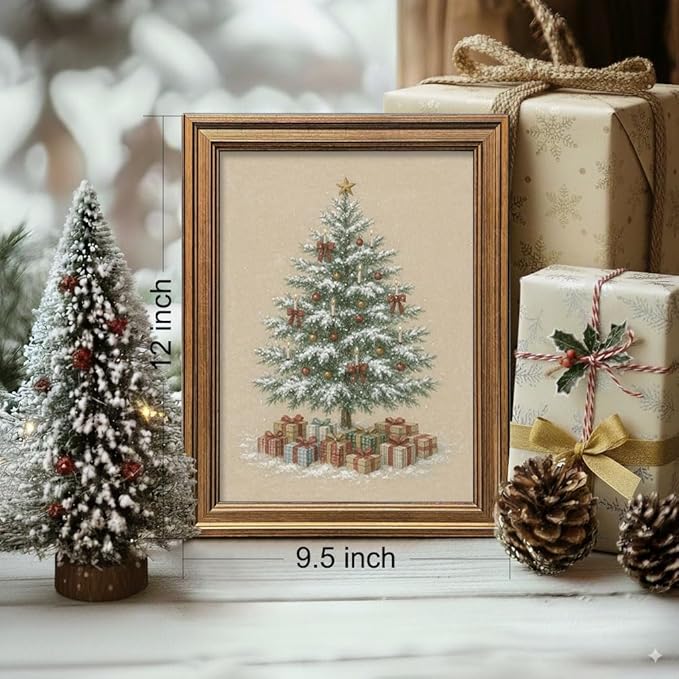 Christmas Tree Wall Art Vintage Gold Framed Wall Decor Rustic Winter Picture Painting for Farmhouse Home Living Room Decor Gift (Christmas Tree, 12L" x 9.5W")