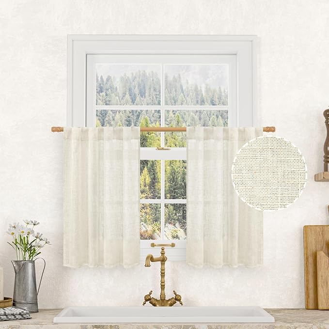 LAMIT Short Kitchen Linen Curtains 30 Inch Length for Small Windows, Cream Ivory Semi Sheer Light Filtering Panels Back Tab and Rod Pocket Cafe Drapes for Half Window, 2 Panels, 25 x 30 Inch