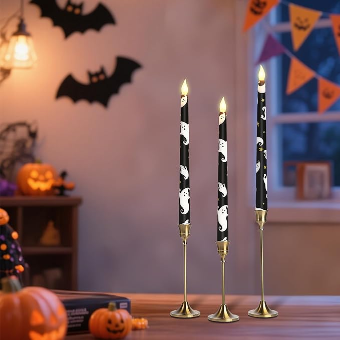 Halloween Decor Flameless Taper Candles with Remote & Timer - White Ghost Decal Black LED Taper Candles with Timer - Home Party Horror Theme Haunted House Decorations, Set of 2