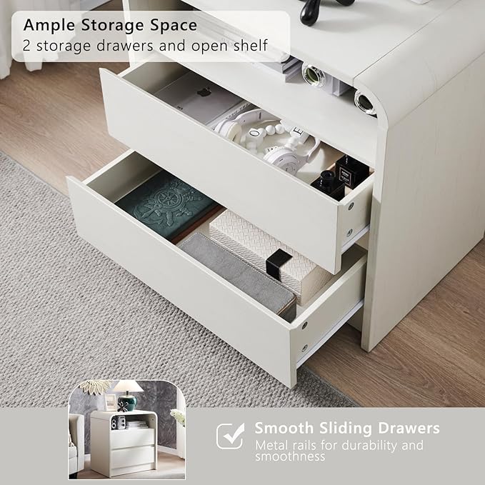 25" Tall Modern Nightstand with Charging Station, 23.6'' Wide Wood Bedside Table w/2 Storage Drawers, Large Mid Century End Table for Bedroom, Living Room, Curved Profile Design, White