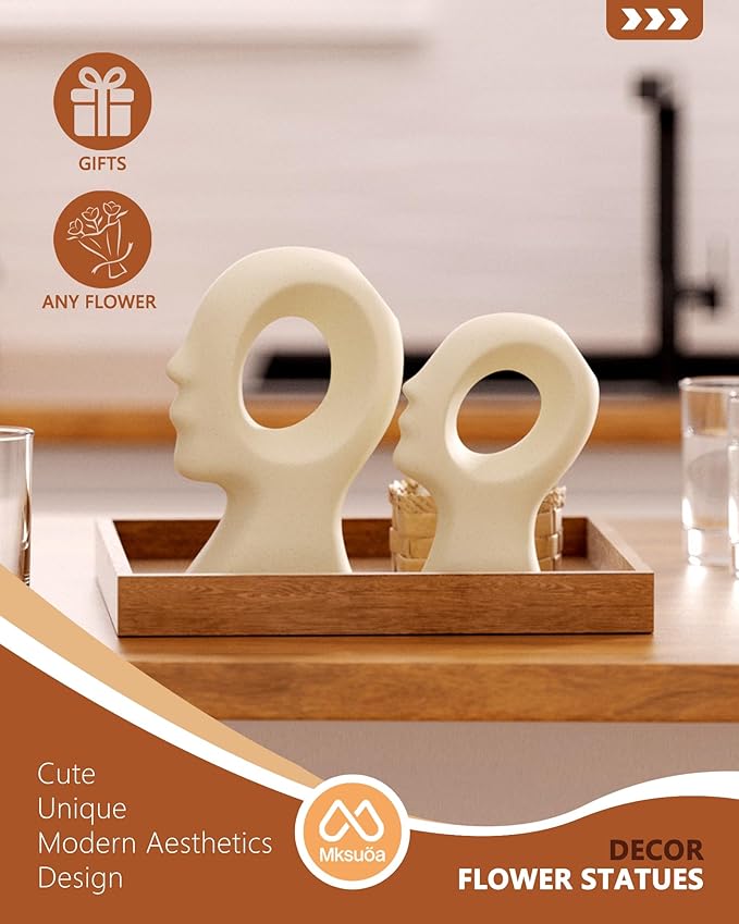 Couple Decorative Statues Set - Boho Style Modern Abstract Sculptures Home Decor, Ceramic Figurines for Living Room Coffee Table, Tv Stand, Mantles, Entryway, Console or Wedding Gifts (Beige White)