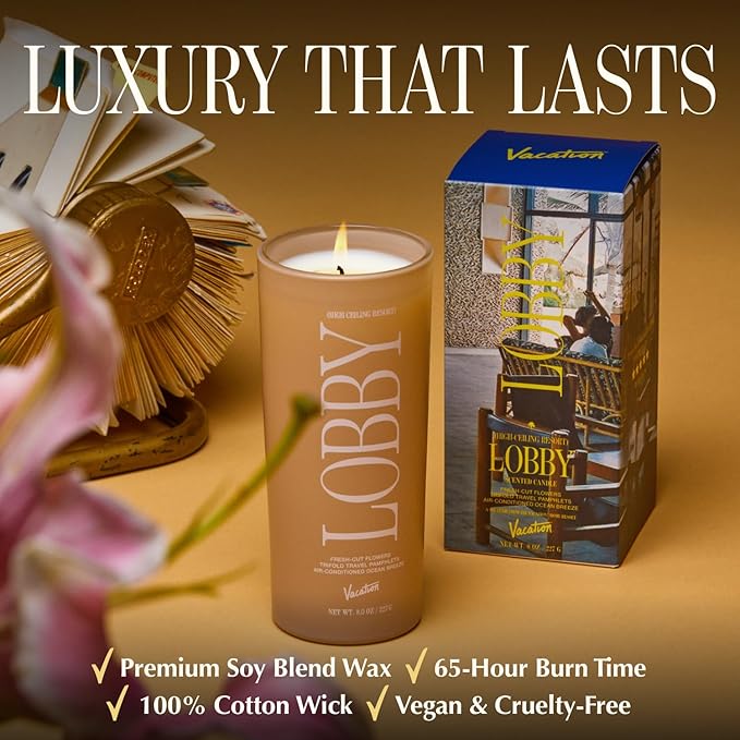 Vacation High Ceiling Resort Lobby Candle, Luxury Candle, Floral Home Decor, Giftable High End Scent for Living Room or Bedroom with Notes of Coconut, Vanilla & Linen