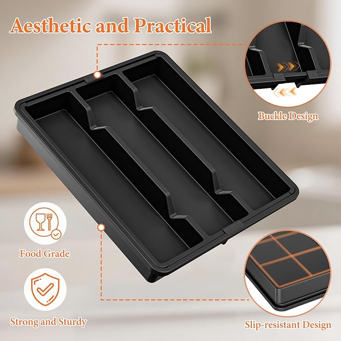 Silverware Organizer, Expandable Utensil Drawer Organizer for Kitchen Drawers, Kitchen Drawer Organizer for Spoons/Forks/Knives, Multipurpose & BPA Free Cutlery Tray, Black, 2 Pack