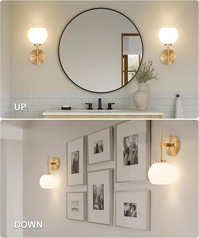 Gold Battery Operated Wall Sconce Set of 2, Wireless Rechargeable Sconces Wall Lighting with Remote Control, LED Dimmable Wall Lights with Opal White Glass Shade, 12 Colors RGB & 3 CCT Bulb