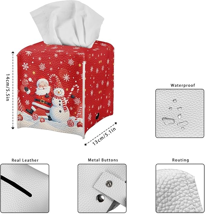 Christmas Tissue Box Cover Square Facial Tissue Holder Storage for Bedroom Bathroom Night Stand Car Santa Claus Snowman Modern Home Decorative with Buttons Napkin Case Covers