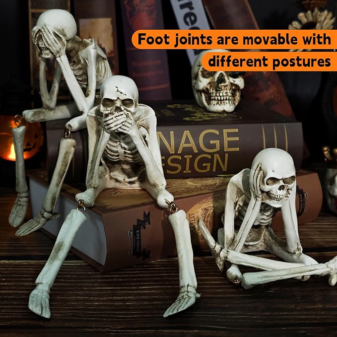 Halloween Skeleton Statues Set of 3 – See No Evil, Hear No Evil, Speak No Evil, Resin Skull Figurines for Gothic Home Decorations, Shelf Mantel Decor, Tabletop Halloween Decor Indoor (Speak no Evil)