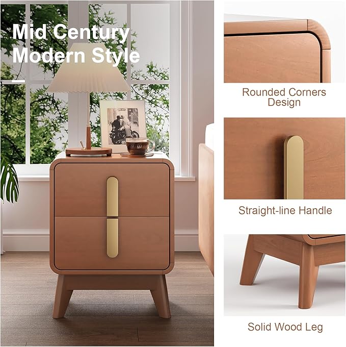 Nights tand Set 2, Mid Century Modern Bedside Table with Drawers, Curved Profile Design End Table with Metal Handle, Nightstand Set of 2 with Storage, Bed Side Tables for Bedroom, Cherry