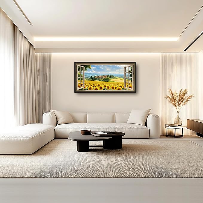 Sunflower Wall Art, Italy Pictures Wall Decor, Window Flower Canvas Prints Painting, Modern Large Framed Artwork For Living Room Office Bedroom Corridor 60"x 30"