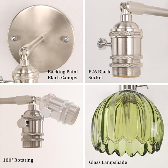 Battery Operated Wall Sconce with Cute Green Tulip Glass Lampshade Rechargeable Wireless Wall Light with Remote Control for Bedside Bedroom Doorway, Satin Nickel, Set of 2