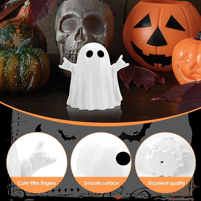 Halloween Funny Ghost Figurine with Rock Hand,Cute Halloween Ghost Decor Scary Resin Statues,Shelf & Centerpiece Displays,Cute Ghost with Funny Desk Figurine and Spooky Gifts