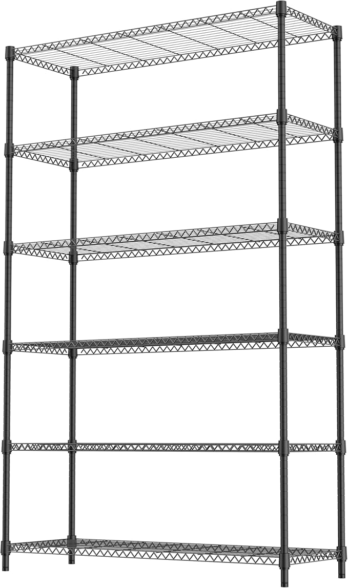 6 Tiers Storage Shelves Load 2100LBS, Metal Shelving Wire Metal Shelving Unit Shelves for Storage Adjustable Garage Shelving for Pantry Kitchen Garage Black 17.7" D x 47.3" W x 82.4" H